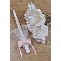 Krikšto balta žvakė su lininiu kaspinėliu 30 cm. Spalva balta / šviesiai rožinė (20)
